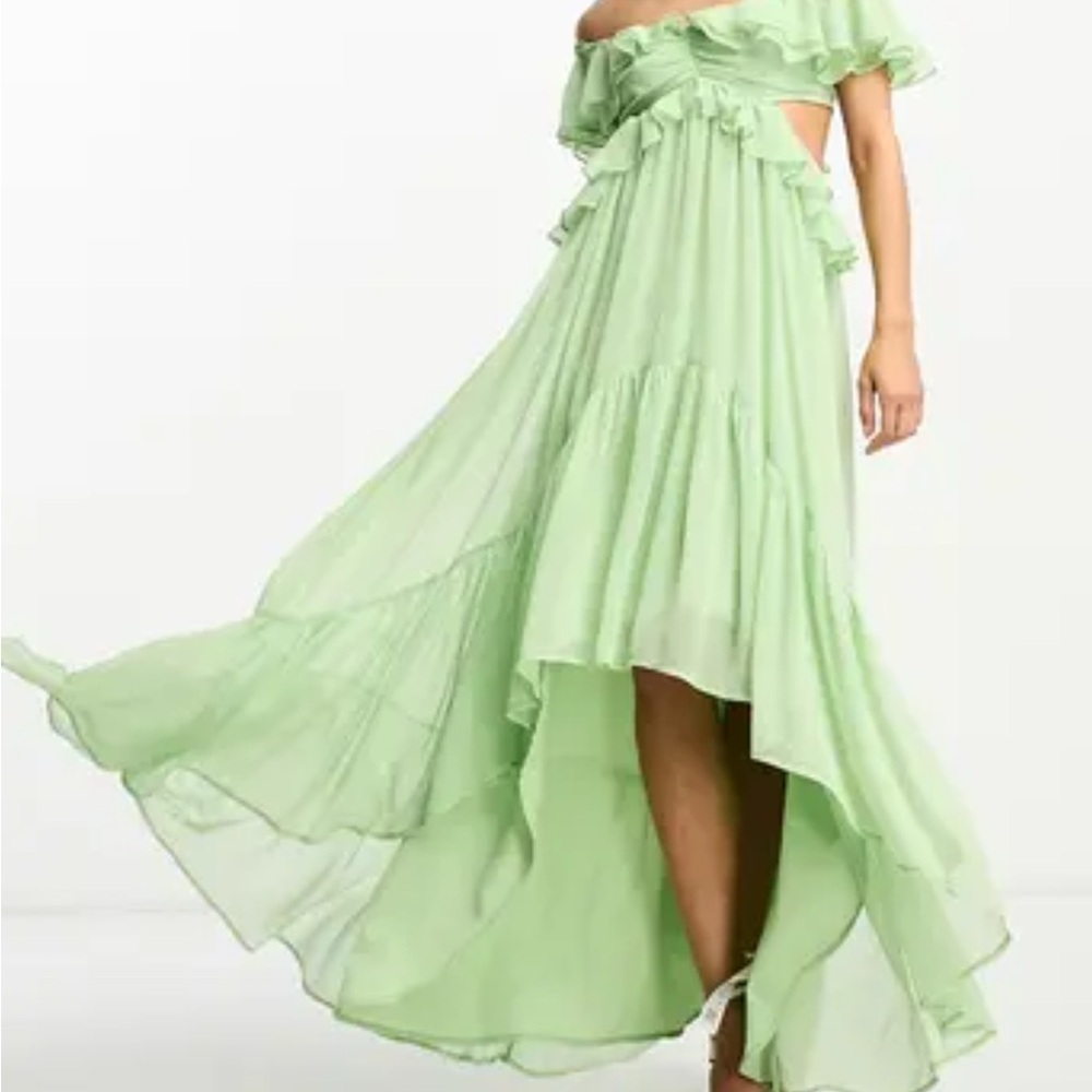 ASOS Flowy Light Green Sea foam Fairy Off-Shoulder High Low Dress size 8